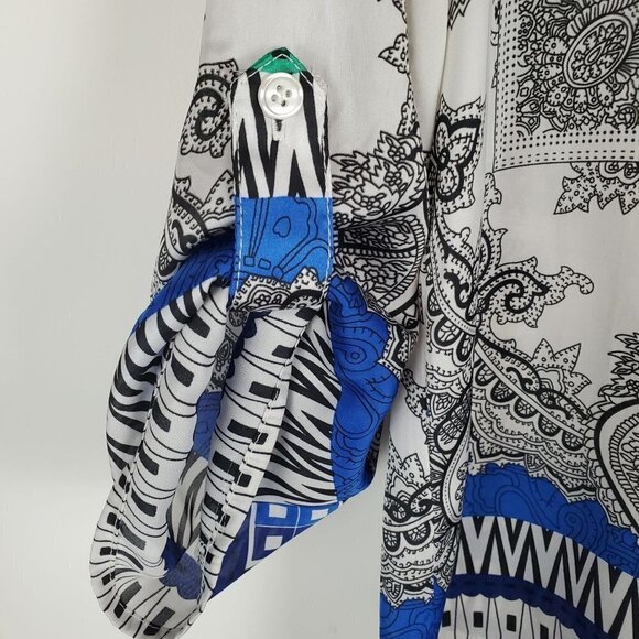 CHICO'S 0 (4) Blouse 3/4 Roll Tab‎ Sleeves Blue Geometric Bandana - Picture 4 of 4